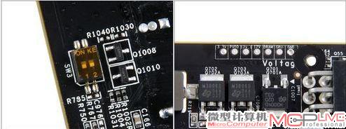 电压值的实时监测点和OCP过流保护开关。 7个测量点位从右至左分别是地线、核心、显存、12V、12V_1、PVDD与3.3V电压。而OCP Unlocker（过流保护开关）开关按键的作用主要是微调核心工作频率与OCP保护设定范围。