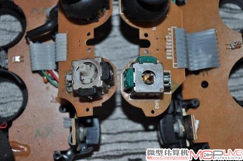 山寨手柄的塑料摇杆电位器（左）与北通BTP-2186无线手柄的金属摇杆电位器（右）