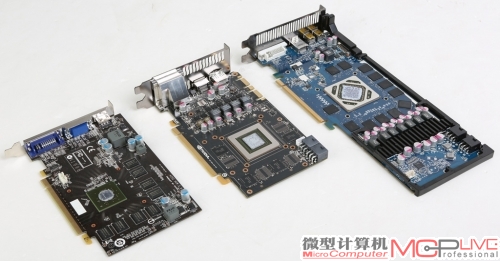 NVIDIA公版GeForce GTX 670显卡PCB(中)的长度只有约17cm长，仅略长于GeForce GT 220(左)，与24cm长的Radeon HD 7950(右)相差甚远。