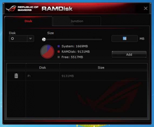 开启ROG Ramdisk软件,在“Disk”选项中，选择想要划分出来用作磁盘分区的内存容量，并选择一个盘符。(创建Ramdisk盘的软件有很多，此处我们仅以此作为代表。)