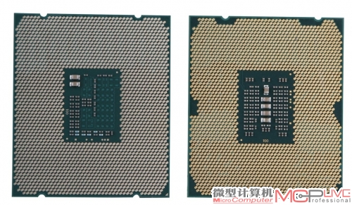 从正面来看，Core i7 5960X(左)的顶盖设计与Core i7 4960X(右)有所区别，它的金属顶盖上下两边多出两片金属，可以更加稳固地承载主板CPU插座金属盖对CPU的压力。而从CPU背面来看，Core i7 5960X的触点(特别是CPU四周的边缘处及四个缺口附近的触点)明显比Core i7 4960X要多得多，据业内人士透露其触点数量实际达到2102个，而LGA 2011-V3插槽的针脚数却仍维持在2011根。英特尔暂未公开为何如此设计，但有厂商表示，如将插槽针数也设计为2102根，将令处