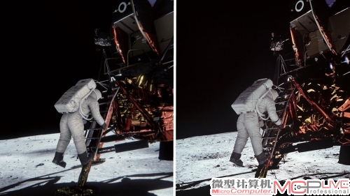 启用VXGI特效渲染出的阿波罗11号登月“照片”(左)和真实照片的对比，是不是已经有点以假乱真的感觉？