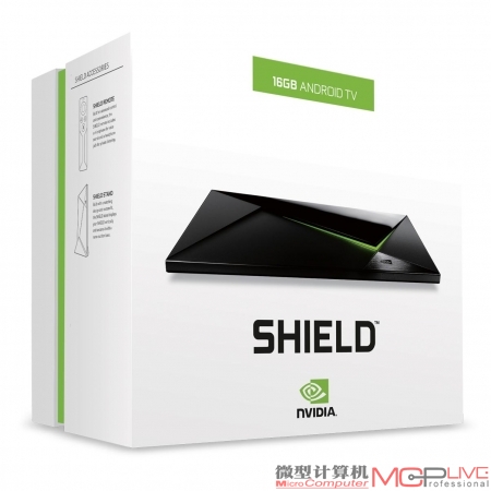 正式版SHIELD主机的包装盒，拥有白色和绿色搭配的外观，包装盒上印刷了很多有关SHIELD主机的介绍和功能，正式版的包装盒和内测版的黑色搭配绿色有显著不同。